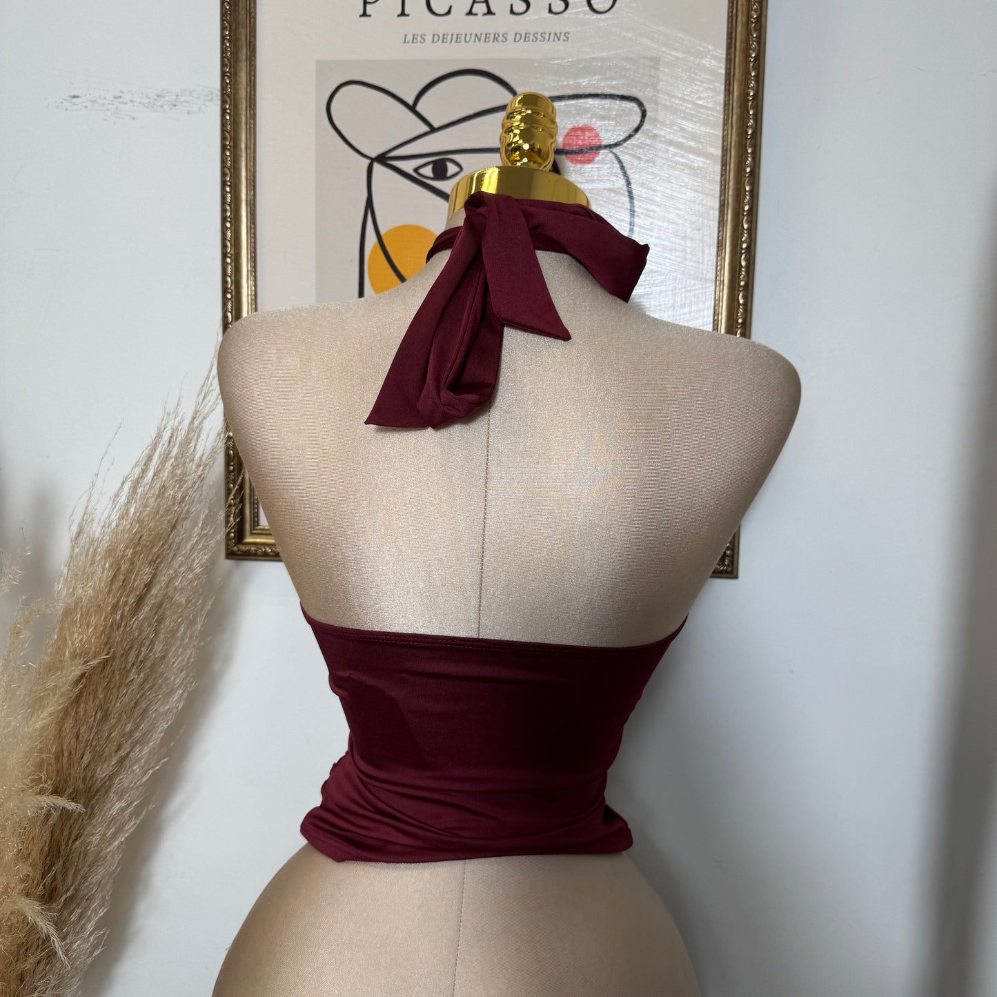 Halter Top w/ Trim Butter Jersey Fabric Gold Detail -Burgundy