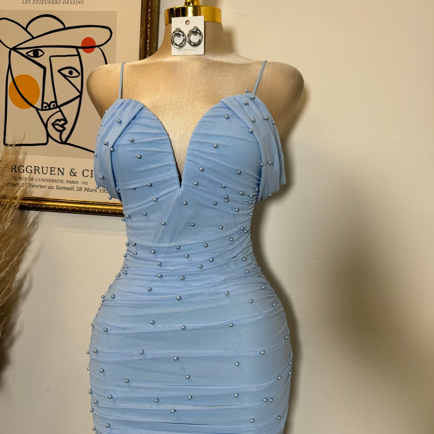 Aria Pearl Midi Dress- Baby Blue