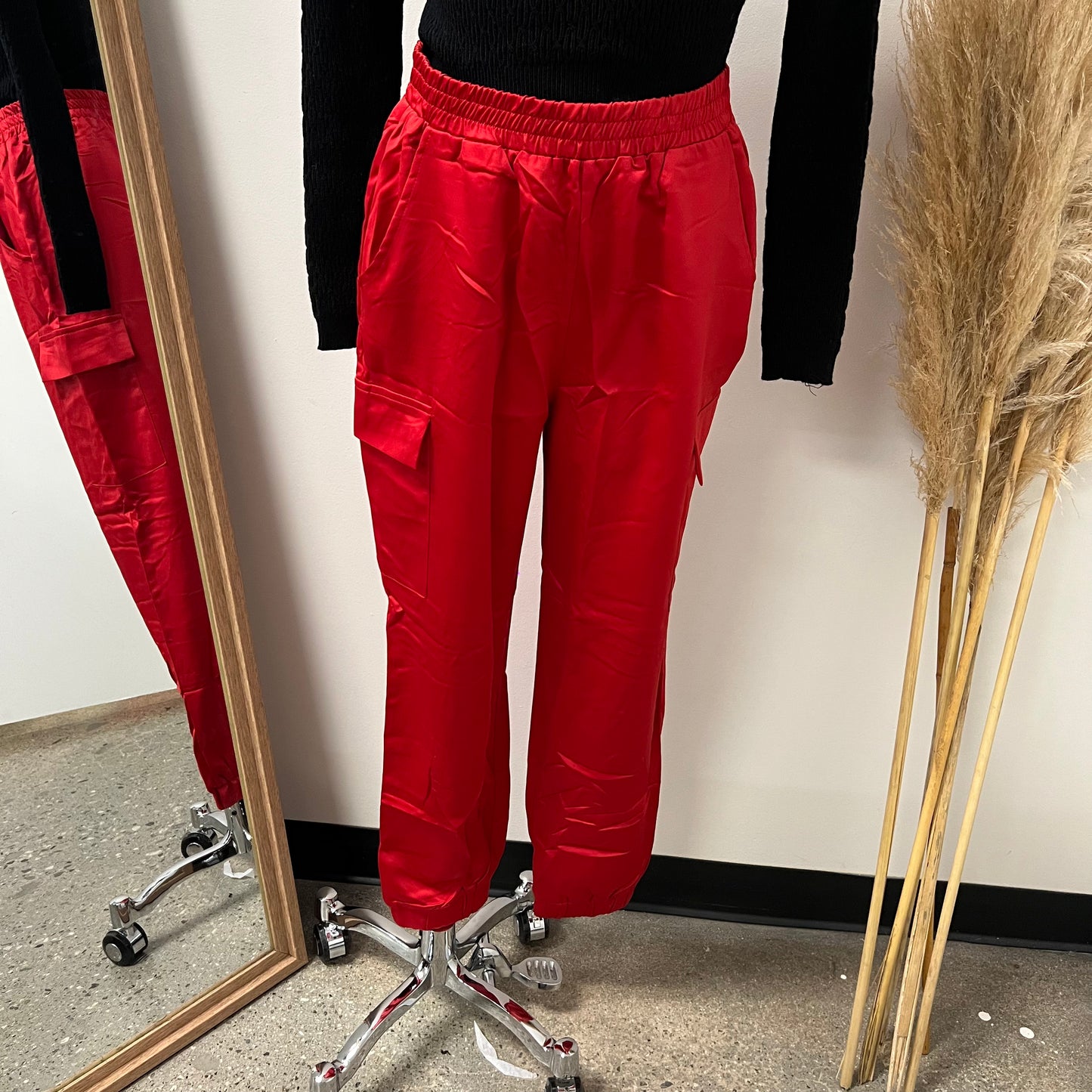 Merry Satin Cargo Pants-Red