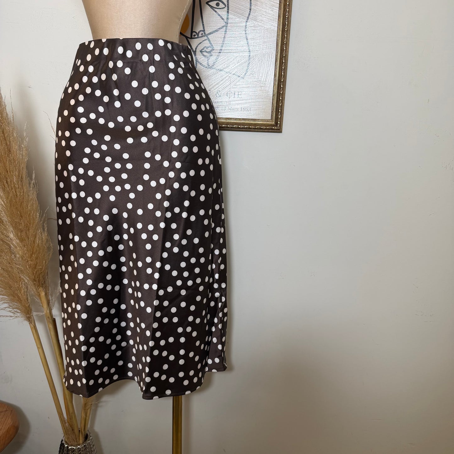 Polka Dot Print Satin Midi Skirt-brown