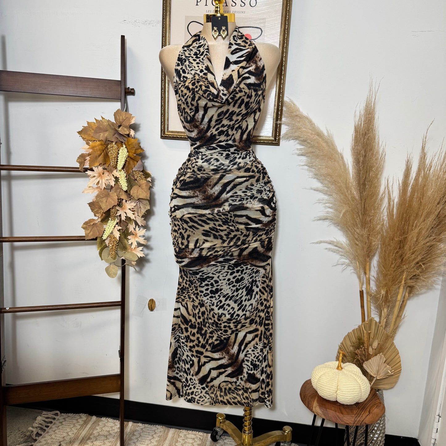 Deep Plunge Halter Cowl Neck Tiger Print a-Line Midi Dress-Brown/Black