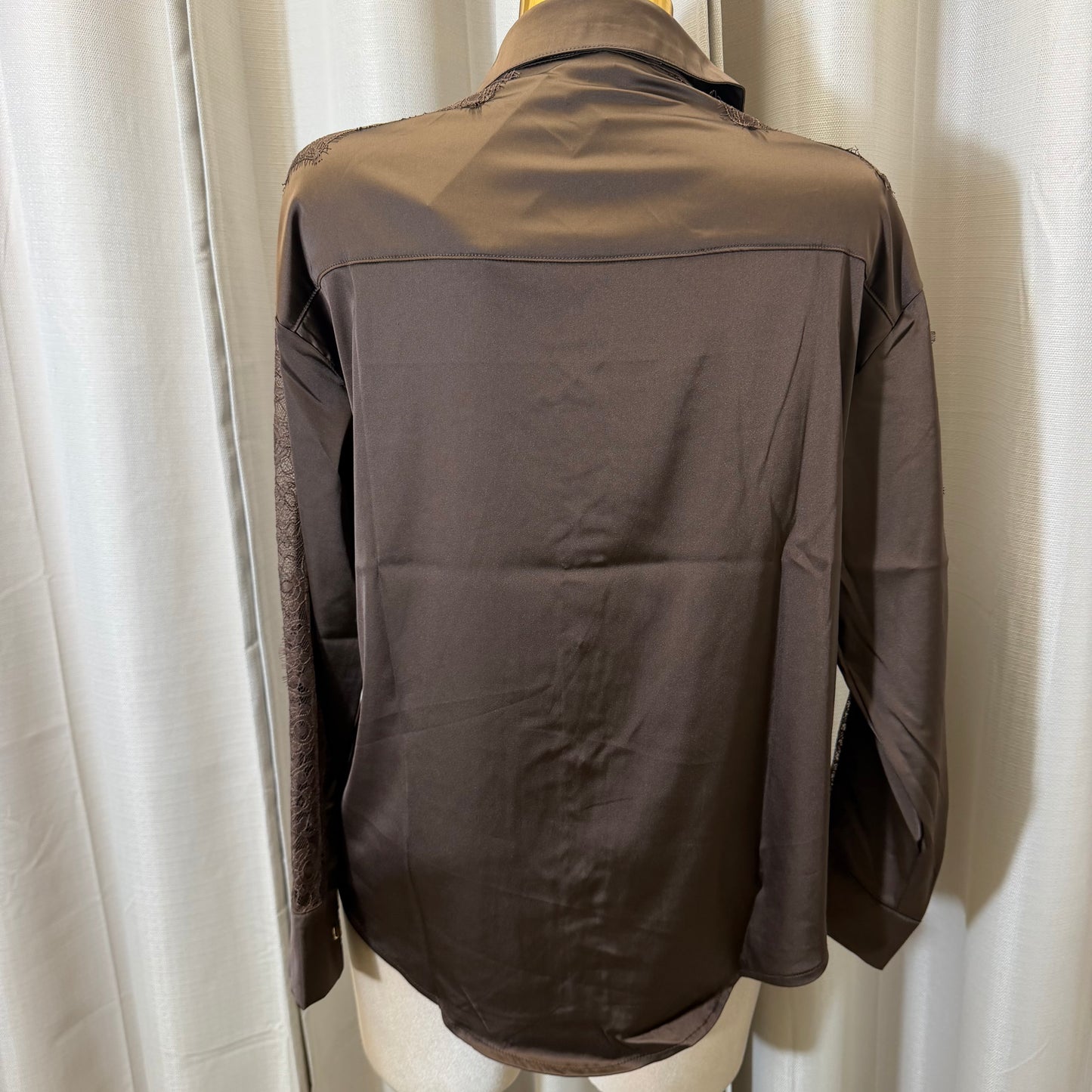 Long sleeve button up lace satin top-Brown