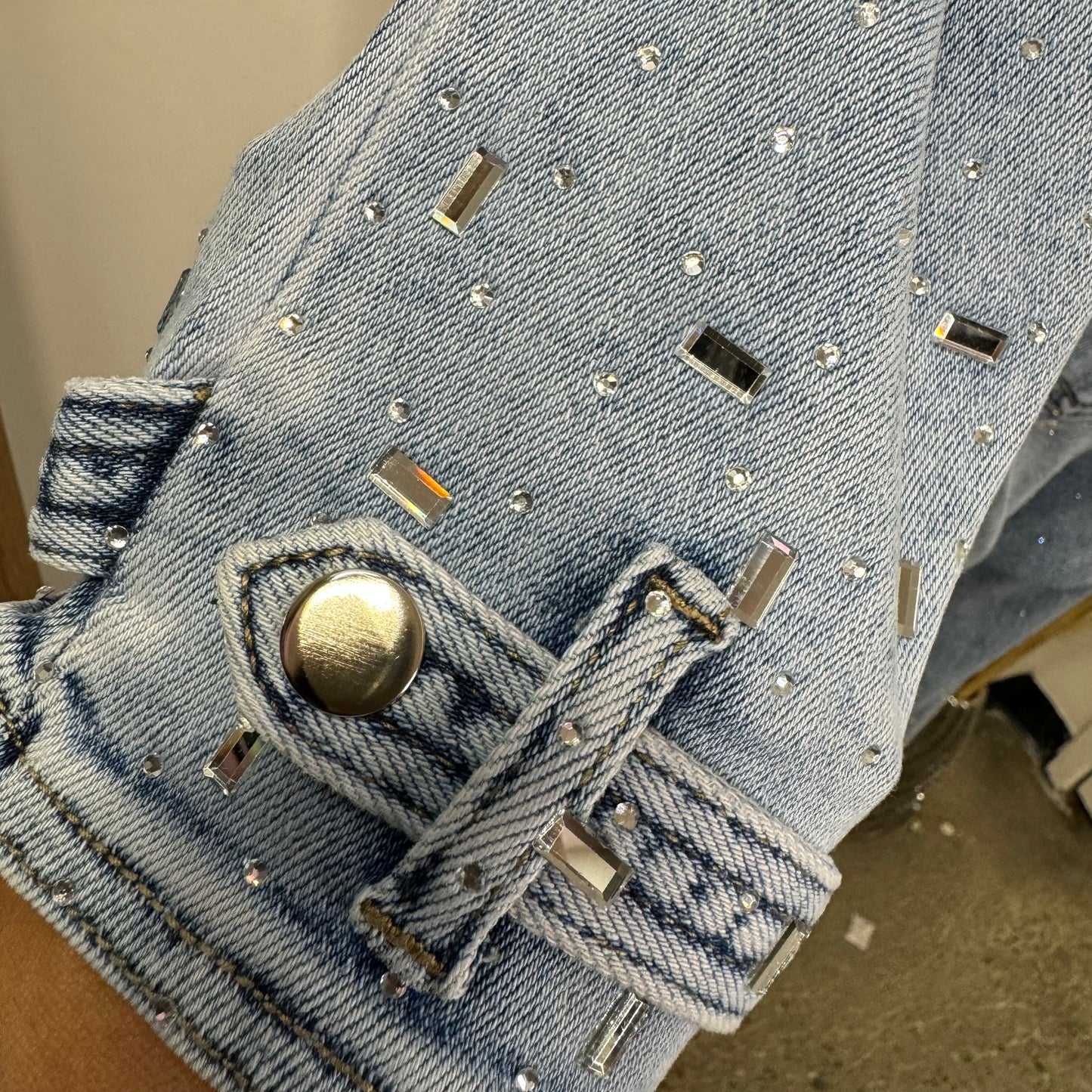 Ximena Rhinestone Denim Jacket-LT Blue