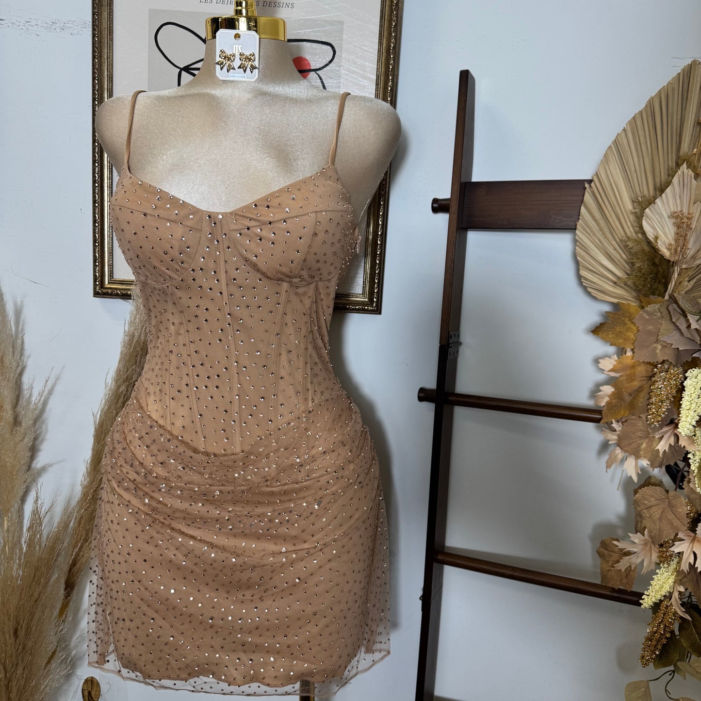 Rhinestone On Overlay Mesh Mini Dress SweetHeart Neckline Adjustable spaghetti Shoulder-Gold