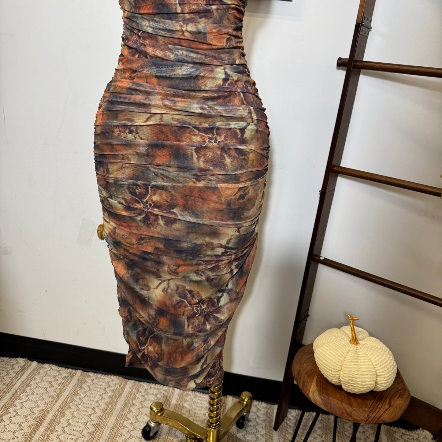 Inara Mesh Twist Halter Neck Midi Dress-Rust Multi