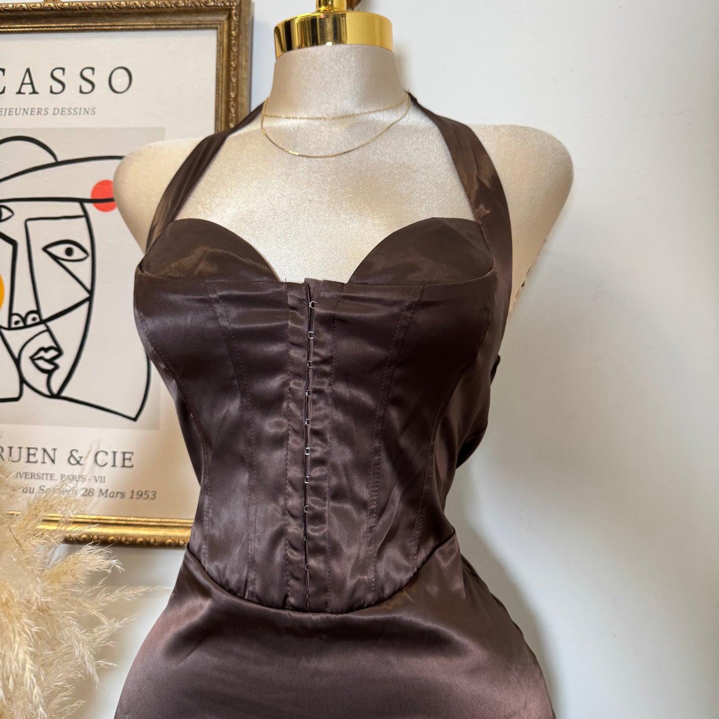 Corset Halter Satin Dress-Chocolate