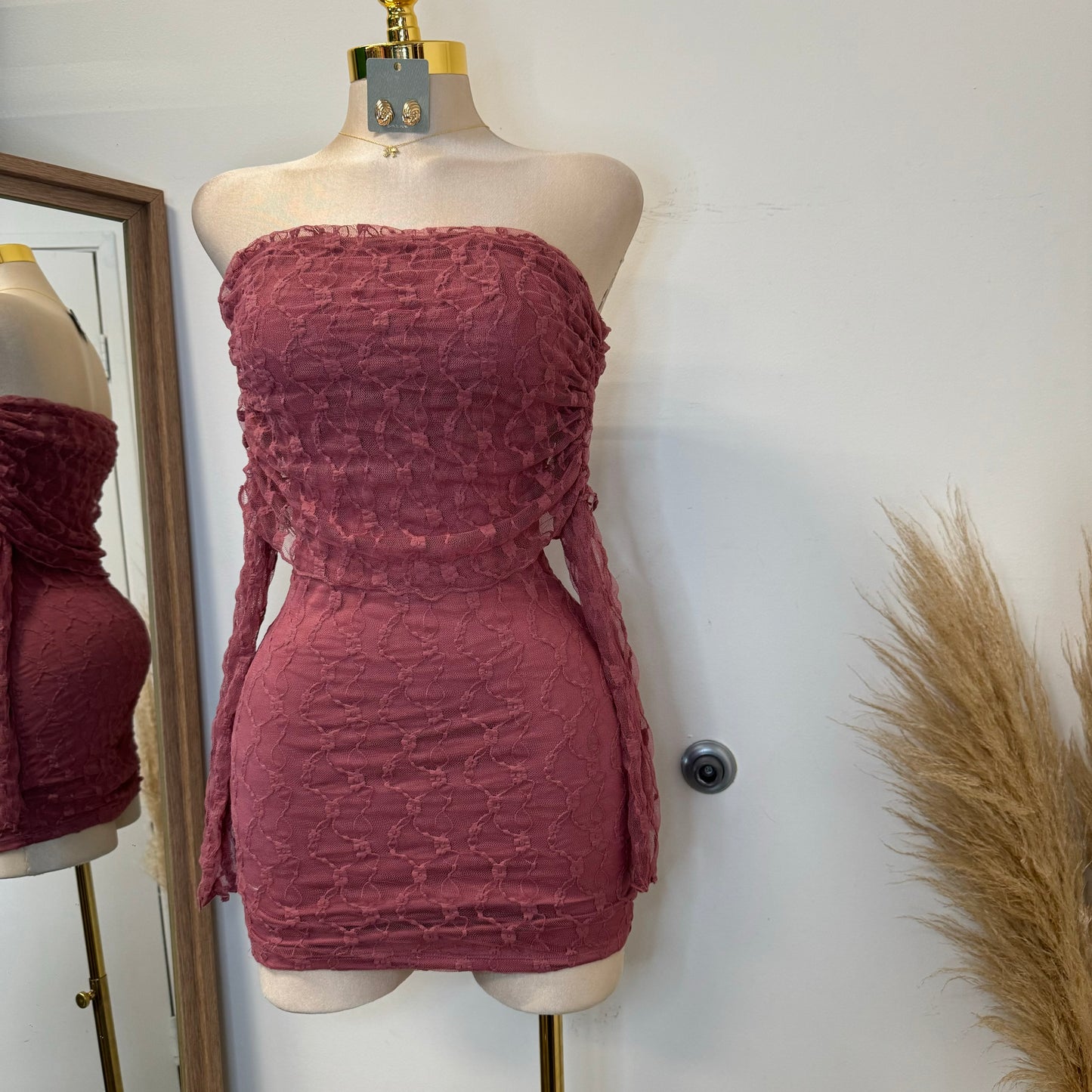 Lace Off shoulder Dress-Pink