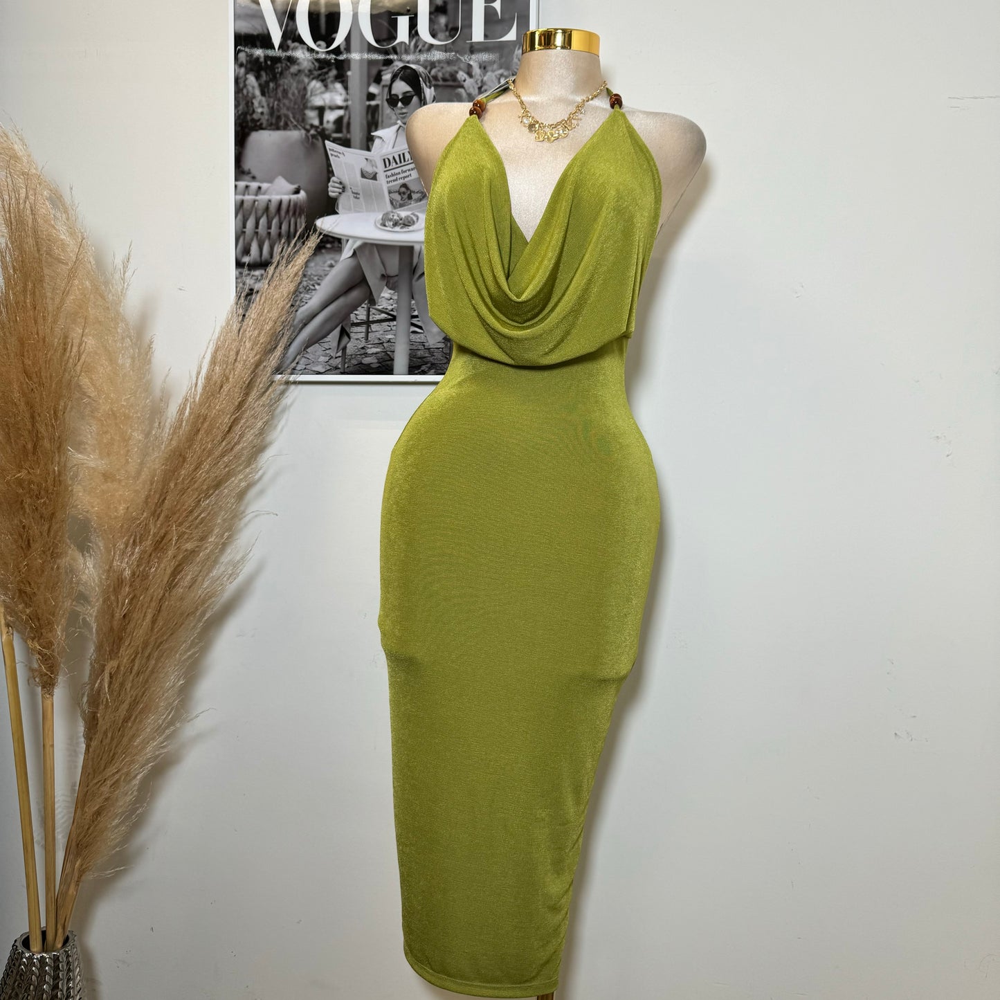 Bead Cowl Neck Halter Midi Dress-Green