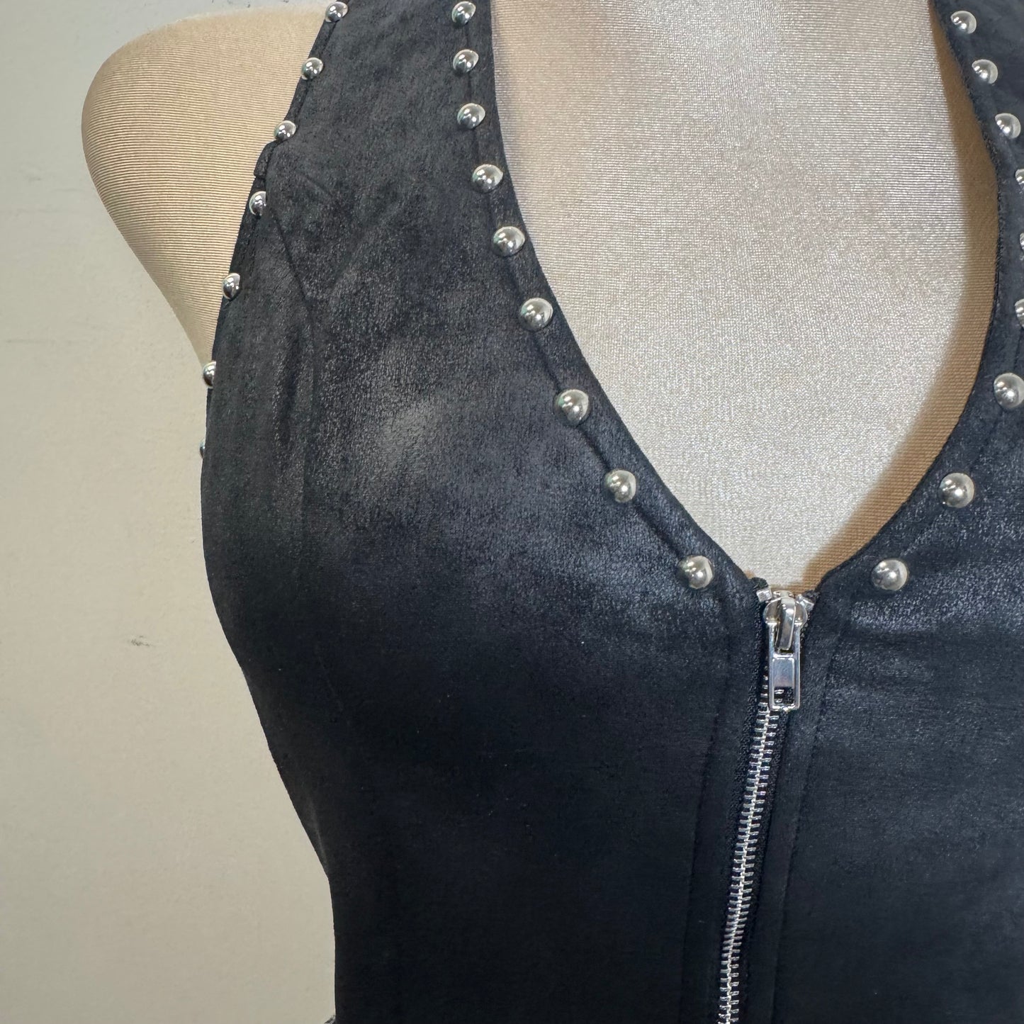 Zipper Front Suede Top-Black