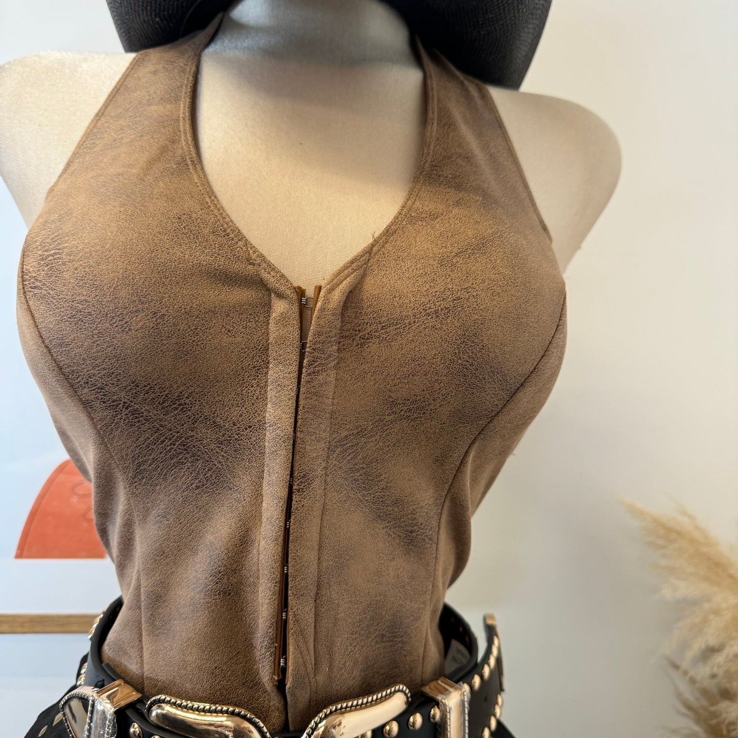 Suede Halter Crop Top Leather- Brown