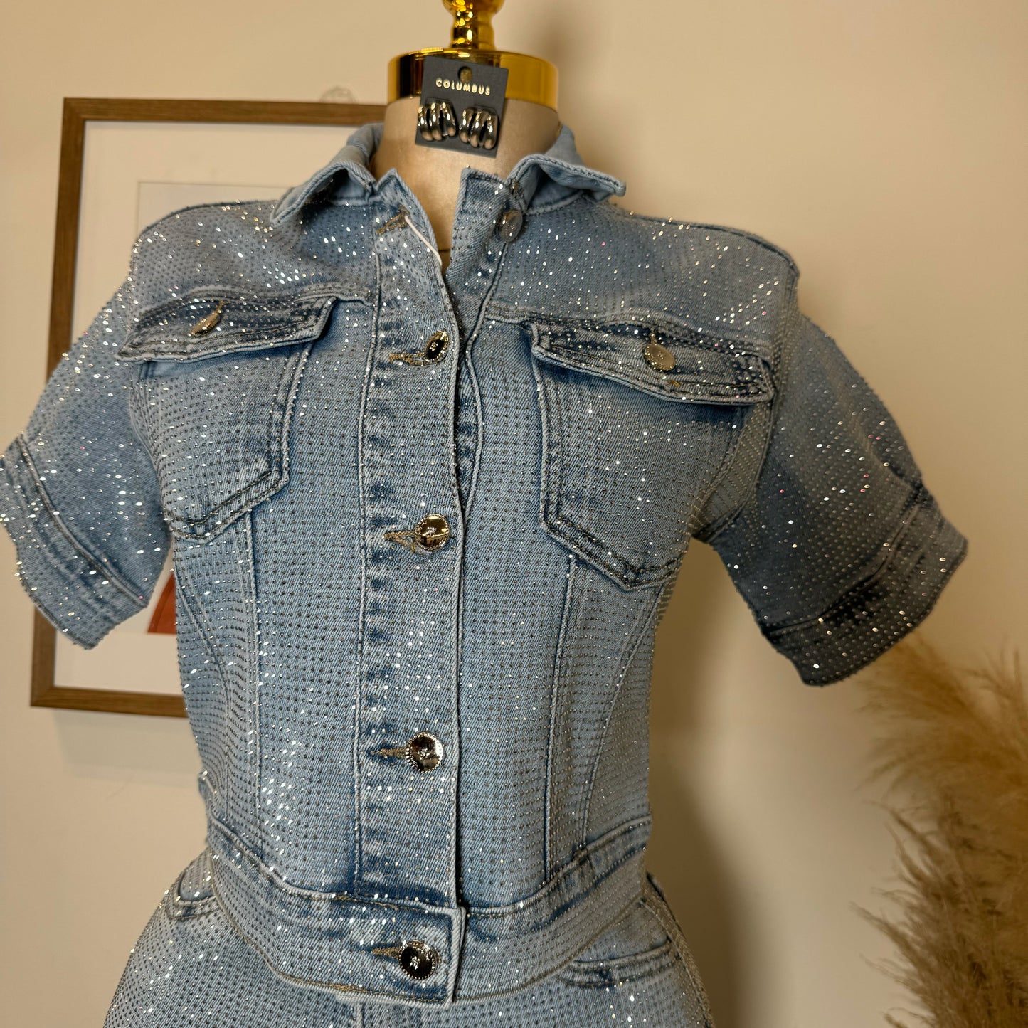 Tu Sin Mi Rhinestone Denim Shirt-Blue