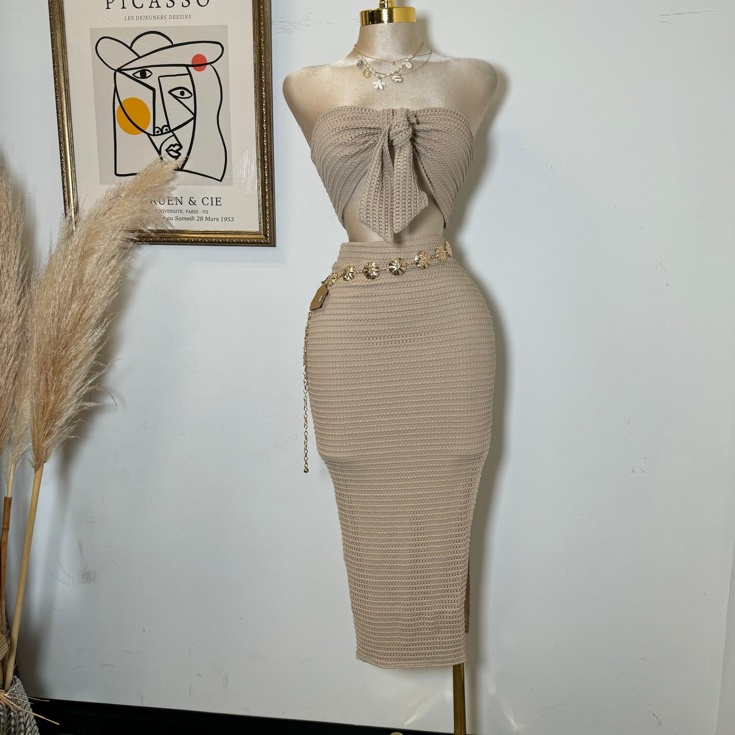 Fishnet Textured Knit Bow Tie Tube Top & Skirt Set-Beige