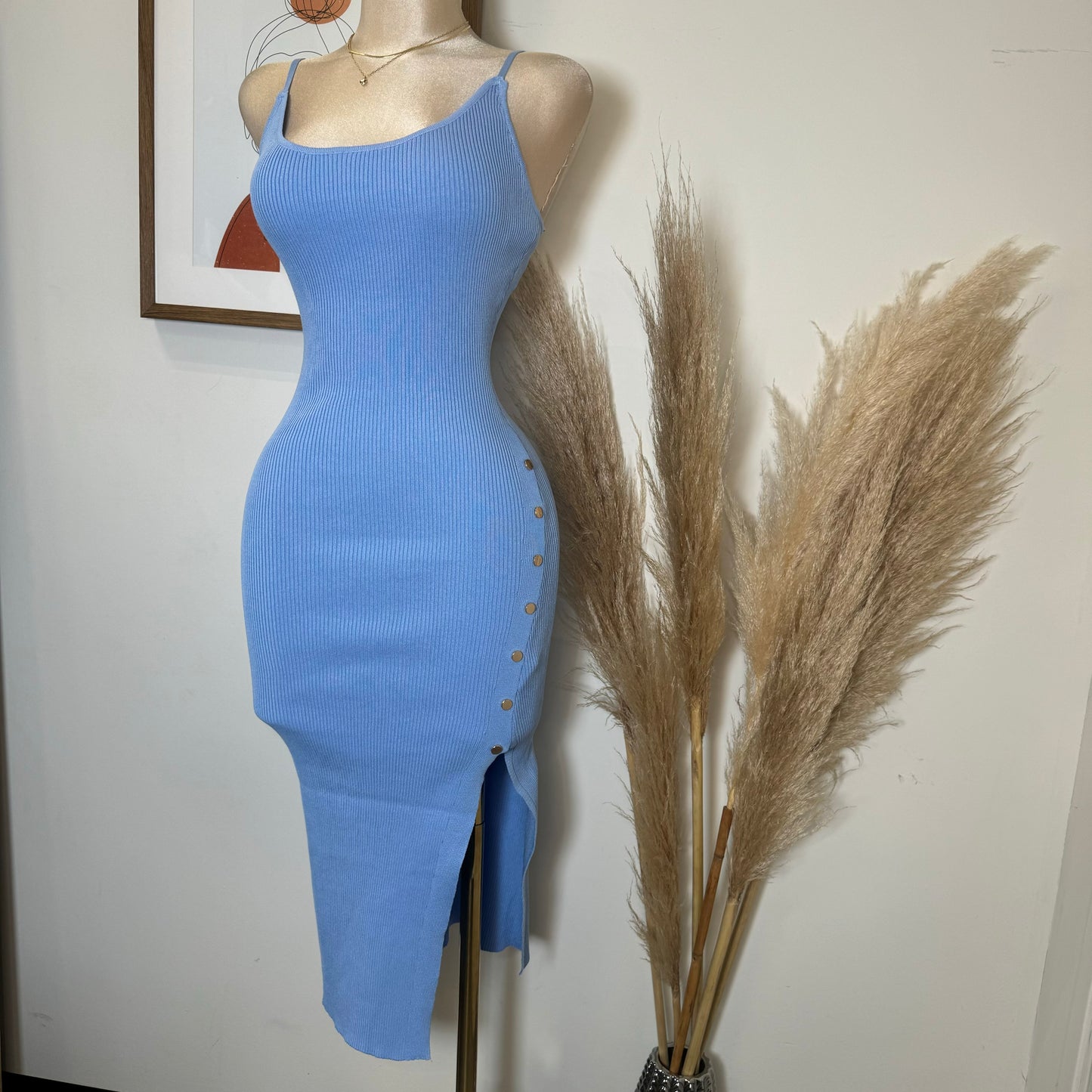 Cielito Open Slit Ribbed Midi Dress-Blue