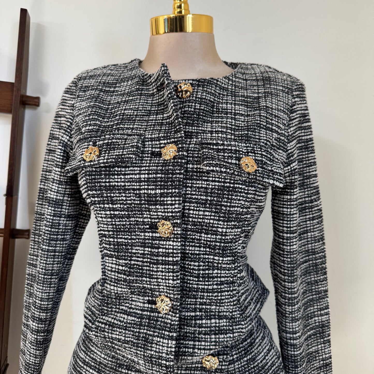 Button Up Tweed Jacket Round Neckline- Black