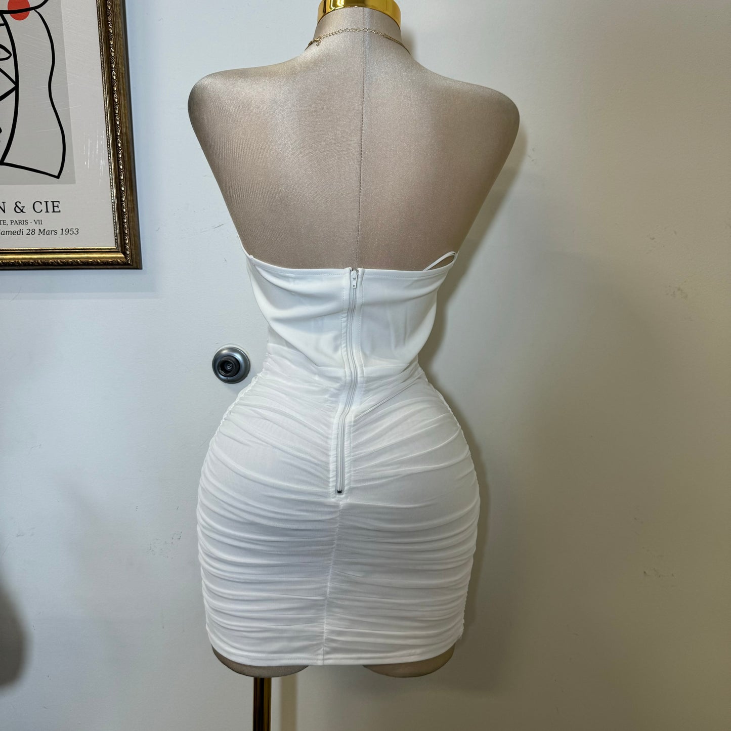 Stretch Woven Corset Detail Mesh Ruched Mini Tube Dress-White