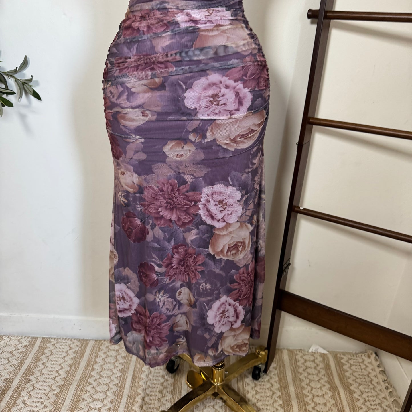 Mesh Print Tube Ruching Maxi Dress-Lavander