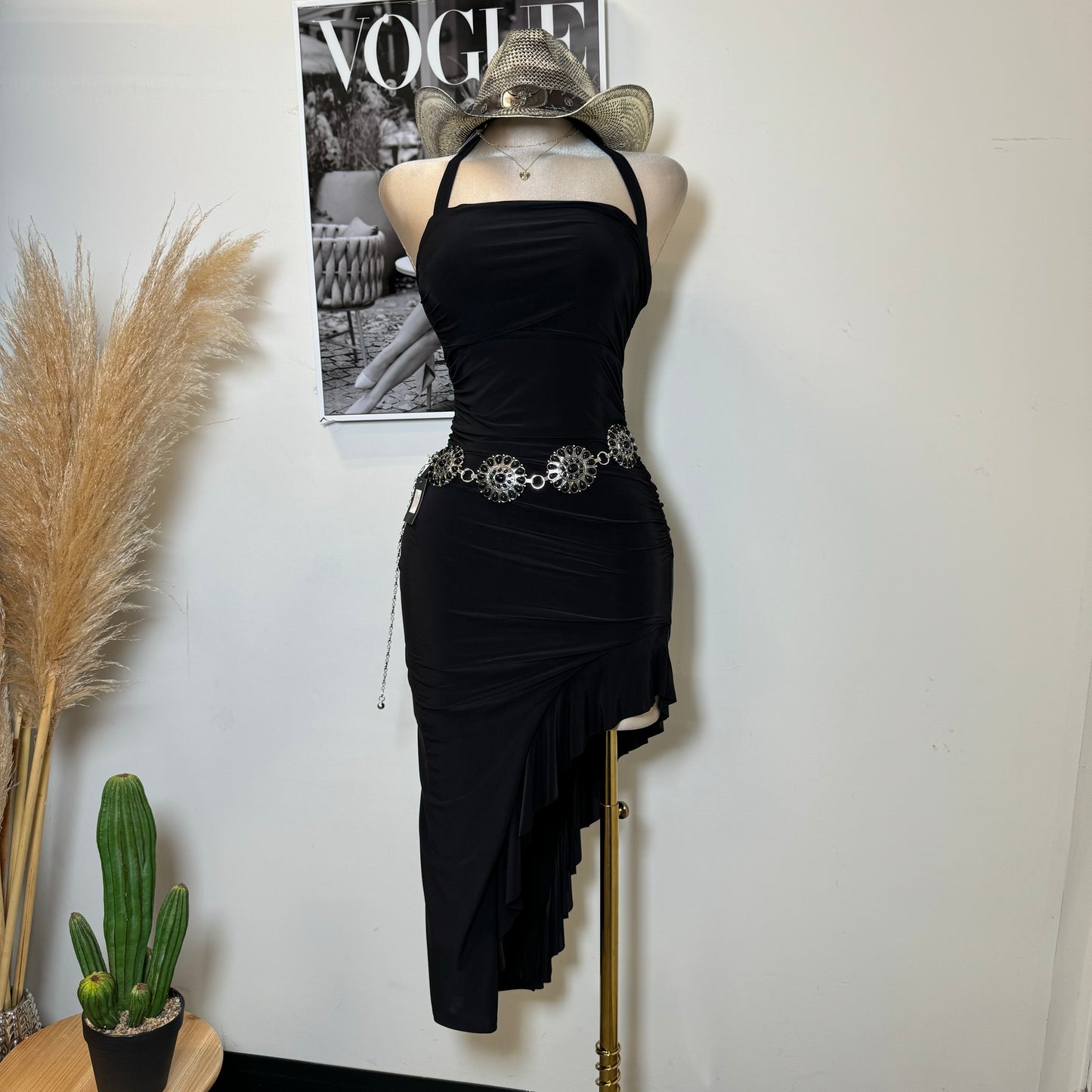Halter Asymmetrical Dress-Black