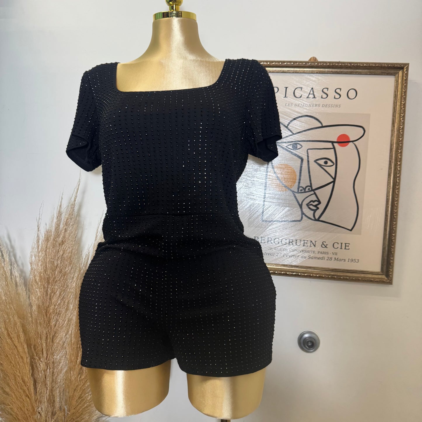 PL Shorts Sleeve Rhinestone Romper-Black
