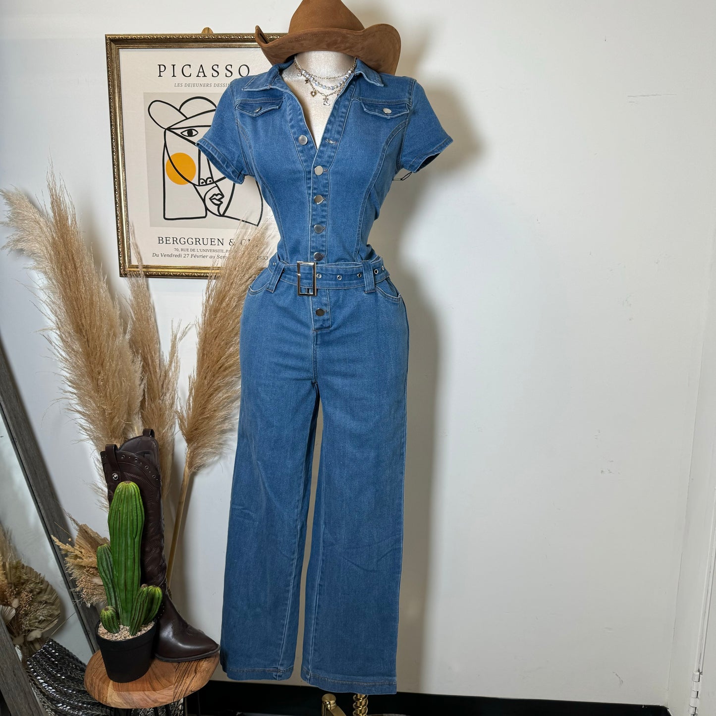 Belt Short Sleeve Jumpsuit-Denim Blue