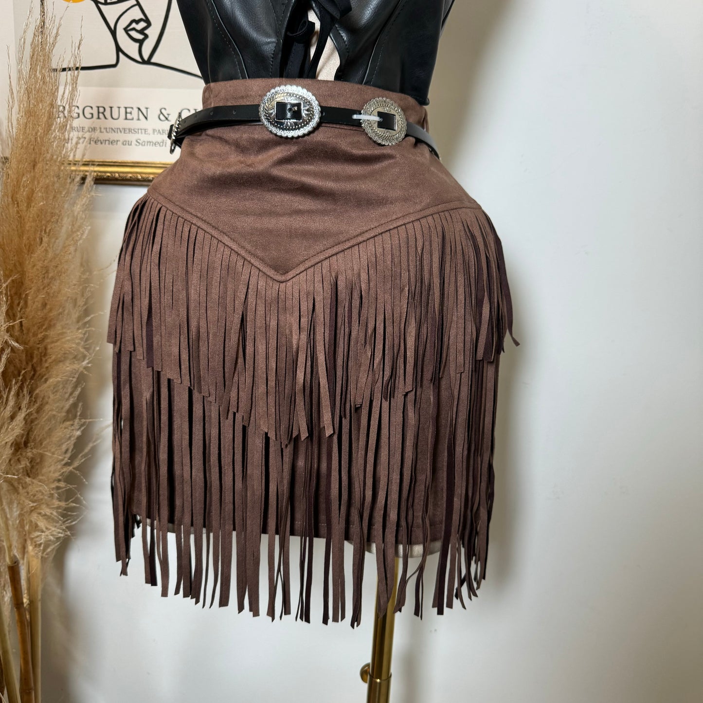Suede Fringe Skirt-Brown