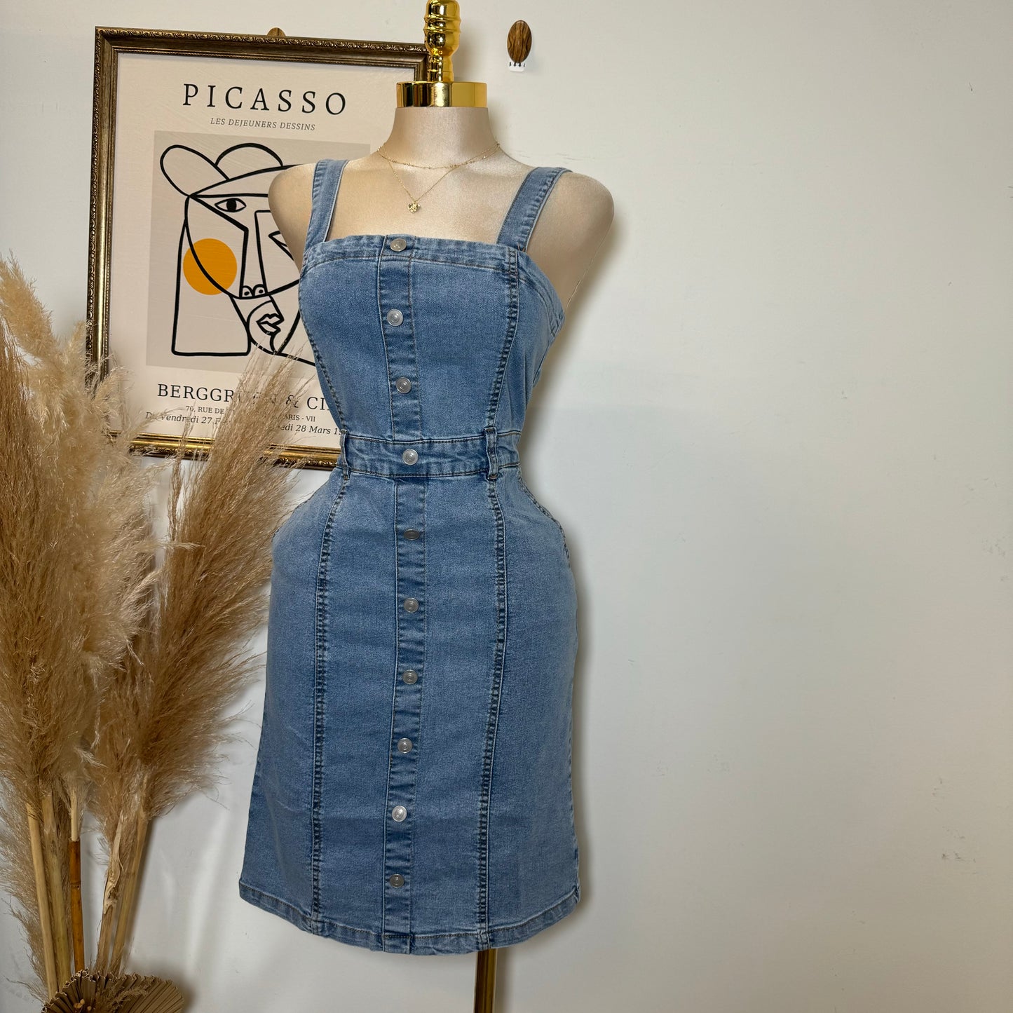 Button Down Placket Denim Dress-Lt Blue