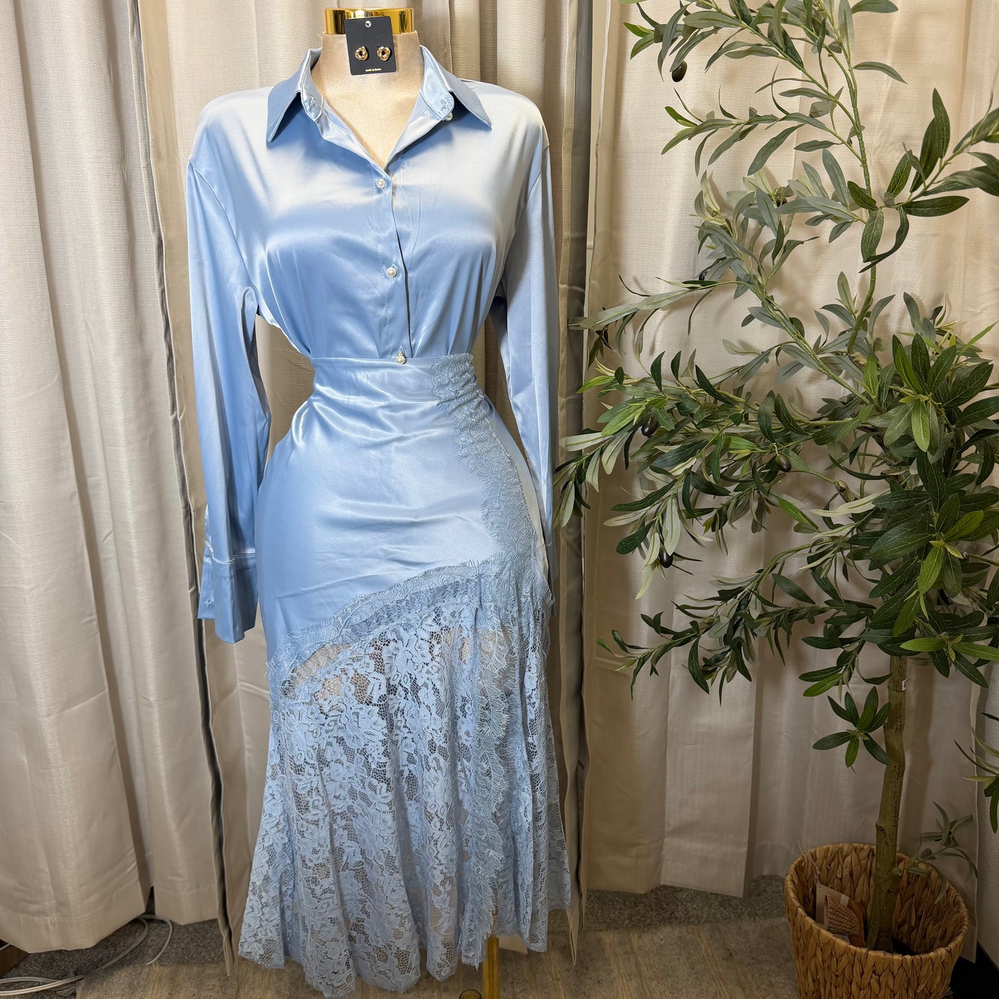 Satin Long Sleeve Top with Lace Skirt-Blue