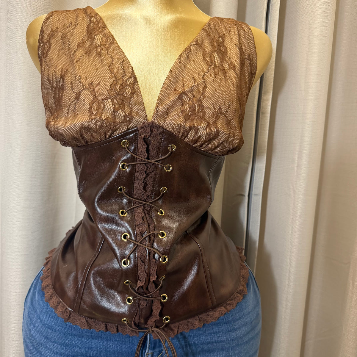 PL-Lace Up Leather Top-Brown