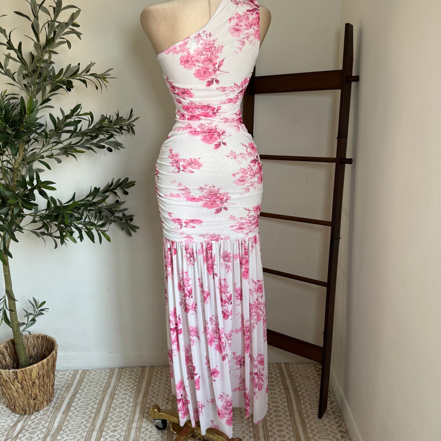 One Shoulder Mesh Maxi Dress-Pink/White