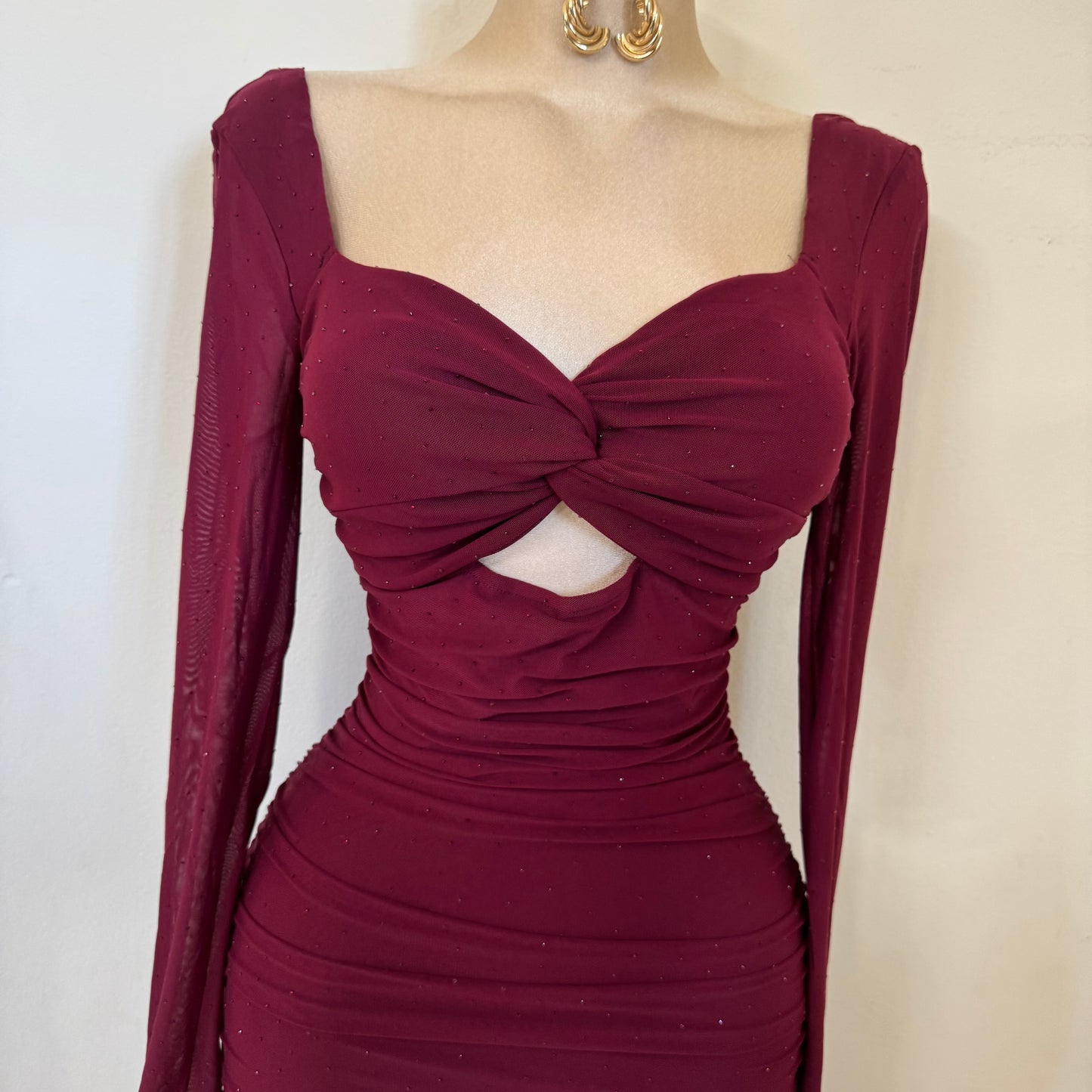 Sweet Heart Long Sleeve Rucing Rhinestone Midi Dress- Burgundy