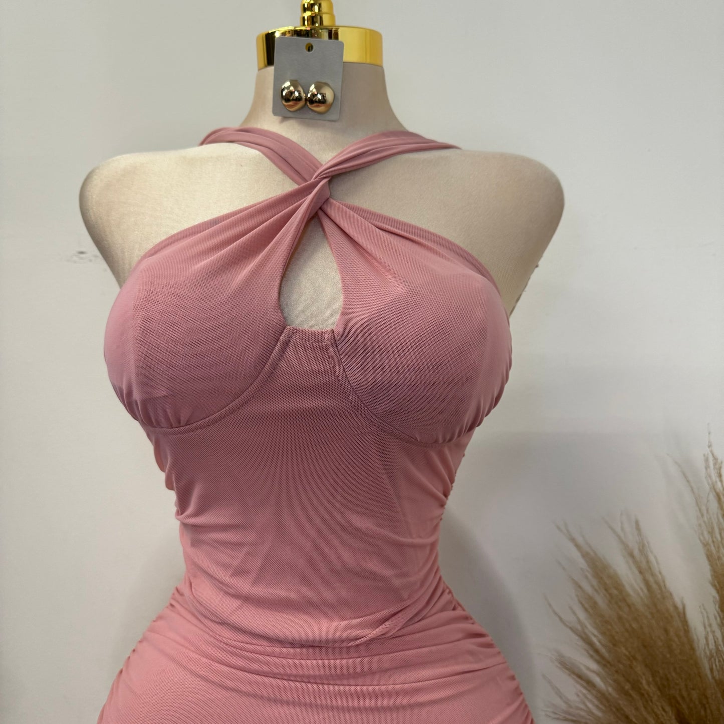 Inara Mesh Twist Halter Neck Midi Dress-Mauve