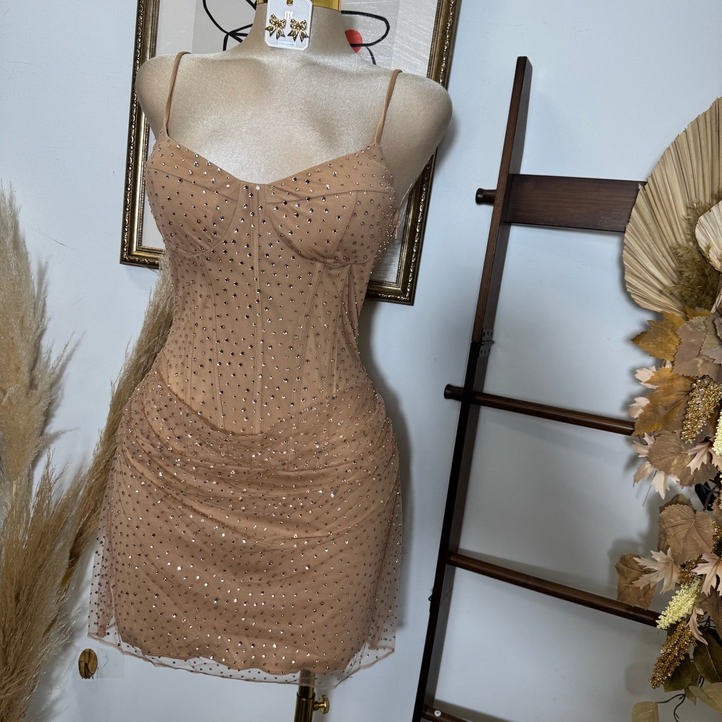 Rhinestone On Overlay Mesh Mini Dress SweetHeart Neckline Adjustable spaghetti Shoulder-Gold