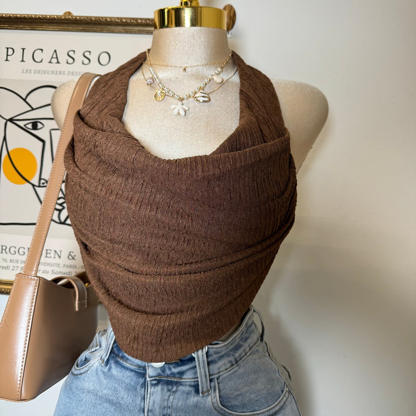 Cowl Crop Top-Brown