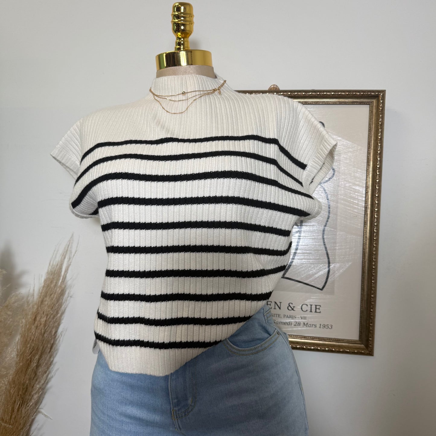 Stripe Mock Neck Short Sleeve Knit Sweater-Ivory