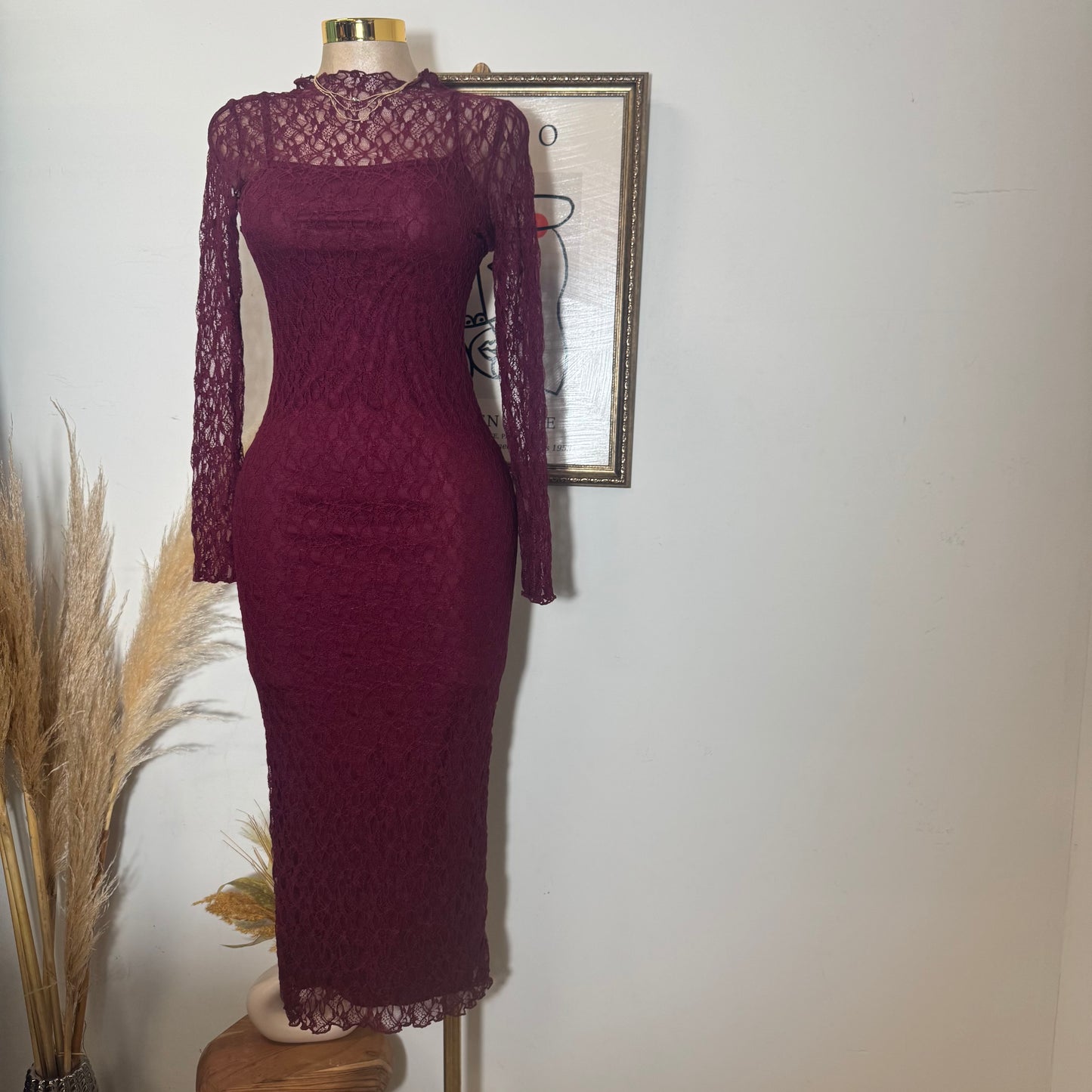 Rosie Lace Midi Dress-Burgundy