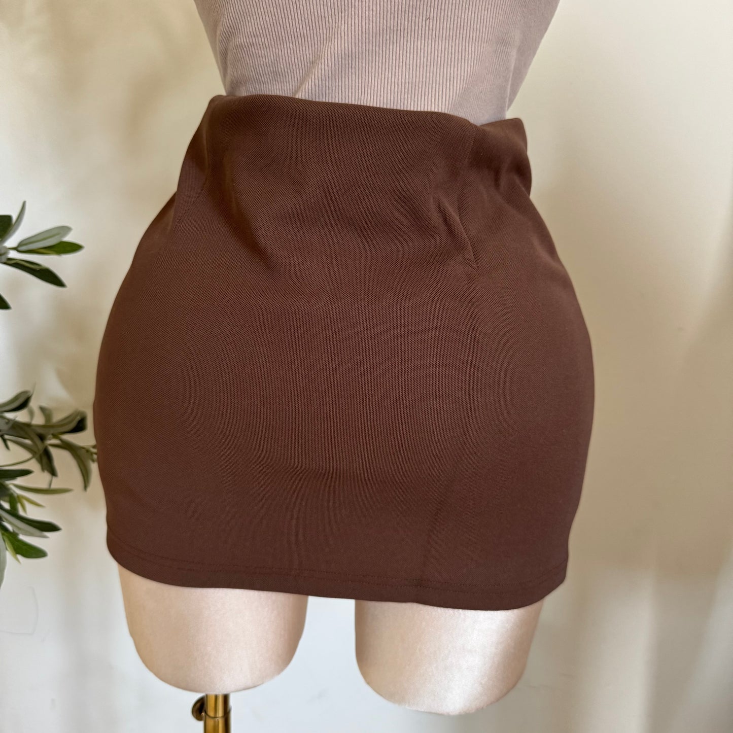 Poly Span Tan With Button Detail Short Lining Skort-Brown