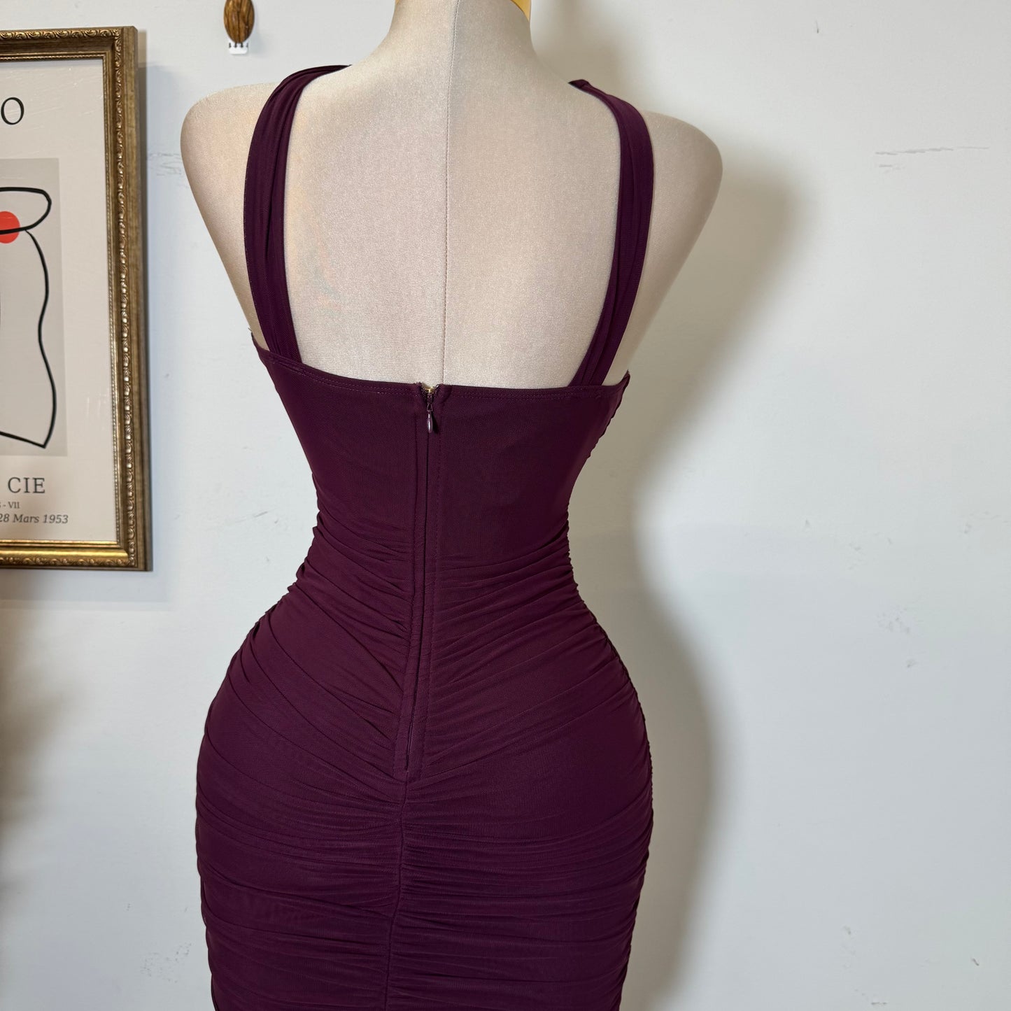 Halter Neck Trim Inset Ruched Bodycon Midi Dress-Plum