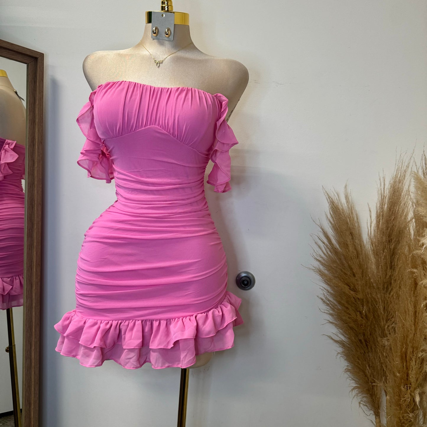 Annalise  Off Shoulder Mesh Asymmetrical Ruffle Hem Dress-Pink