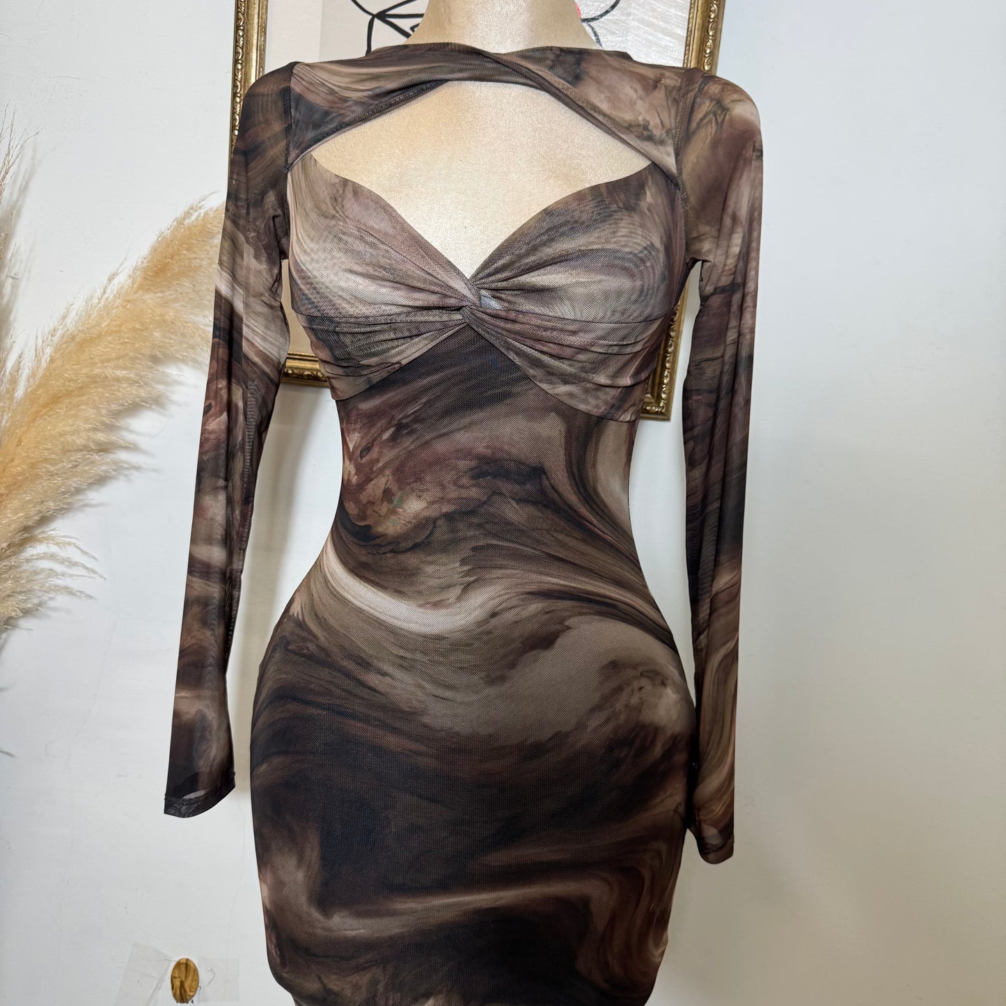 Marble Print Mesh Midi Dress