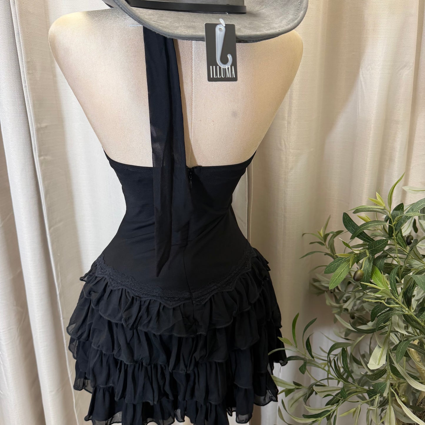 Halter Neck Mini Corset Dress with Layered skirt-Black