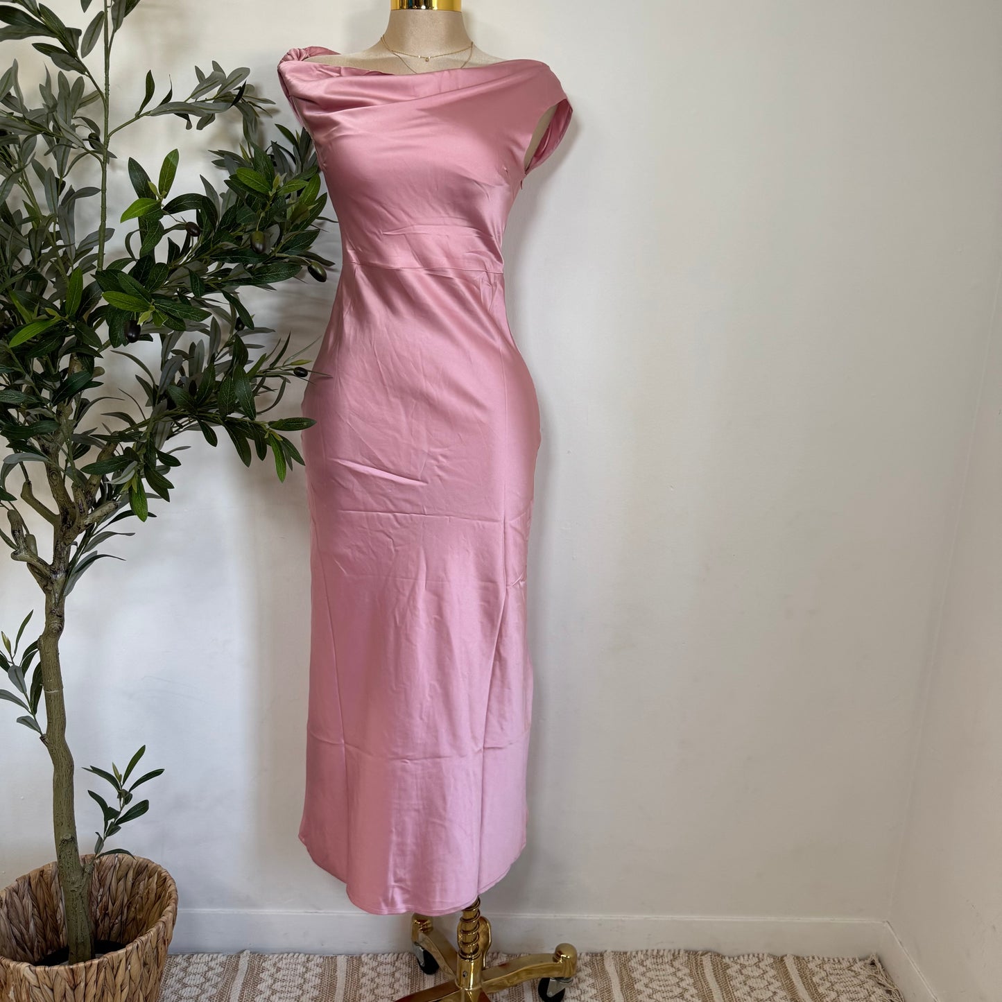 Asymmetrical Satin Dress-Baby Pink