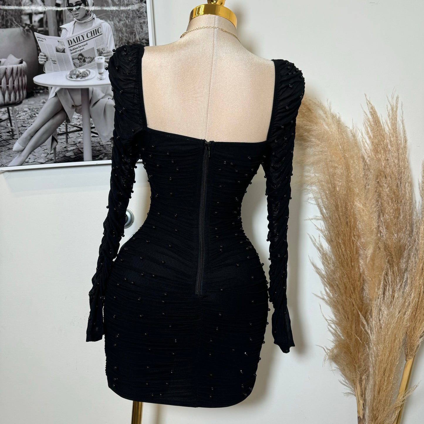 Meghan Pearl Mesh Dress-Black