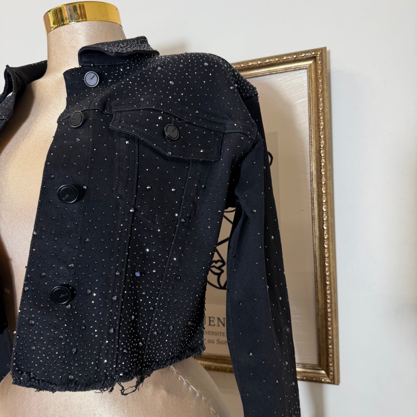 Rhinestone Cropped Jeans Jacket-Black