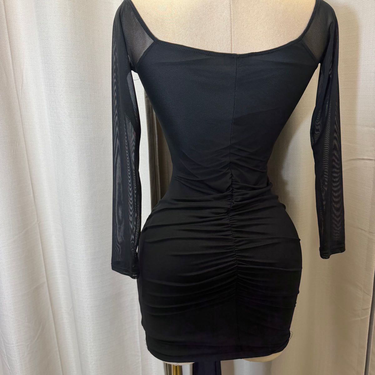 Long Sleeve Off Shoulder Mesh Dress-Black