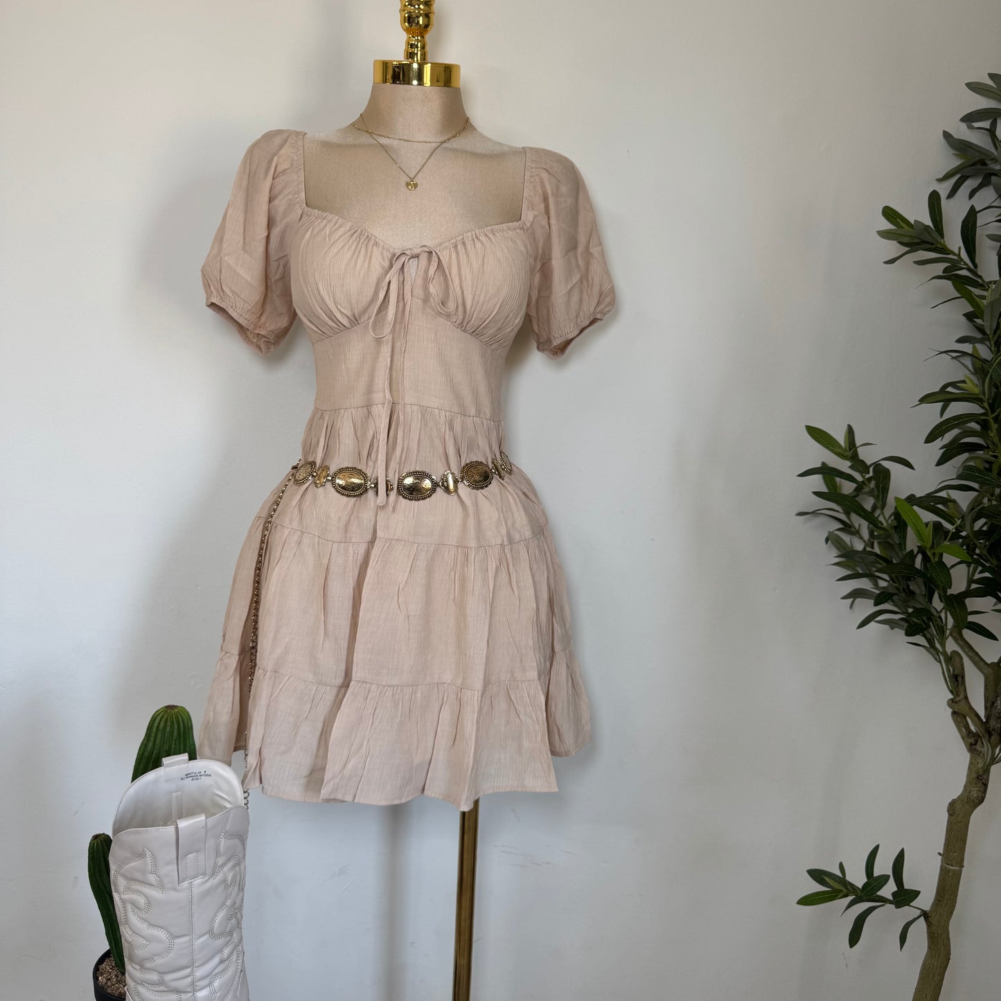 Puff Sleeve Tiered Mini Dress-Cream
