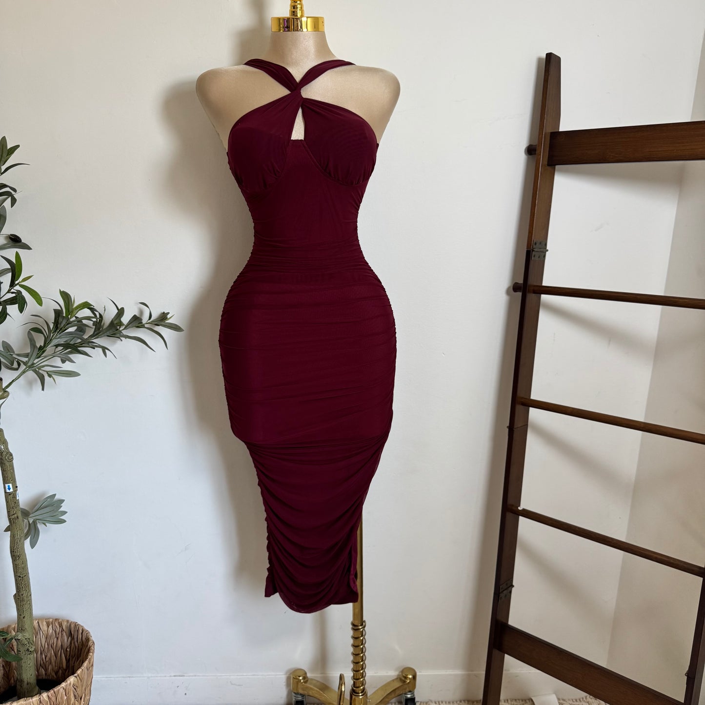 Inara Mesh Twist Halter Neck Midi Dress-Burgundy
