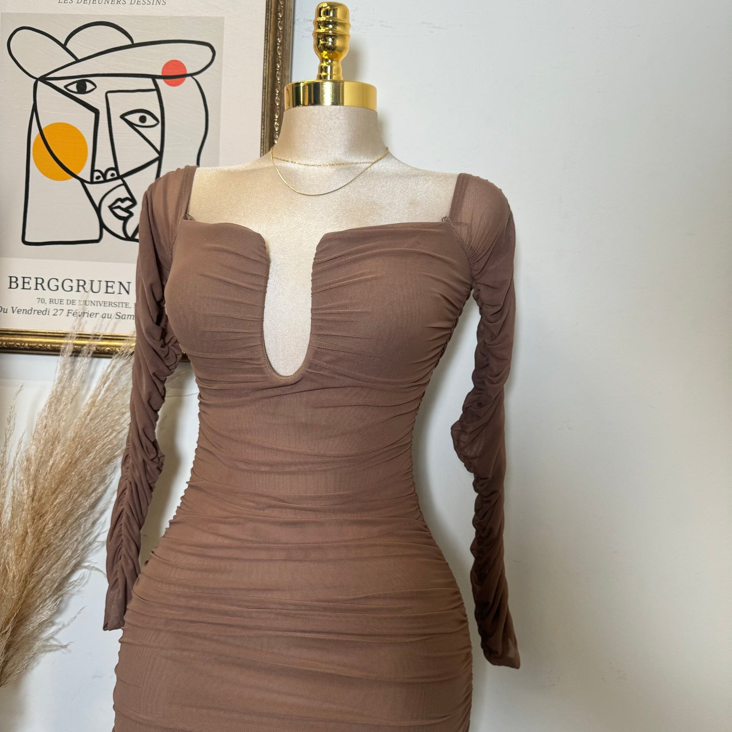 Mesh Off Shoulder Long Sleeve Dress-Brown
