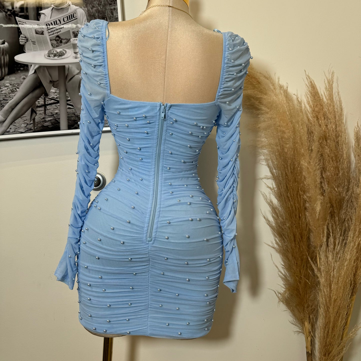 Meghan Pearl Mesh Dress-Baby Blue
