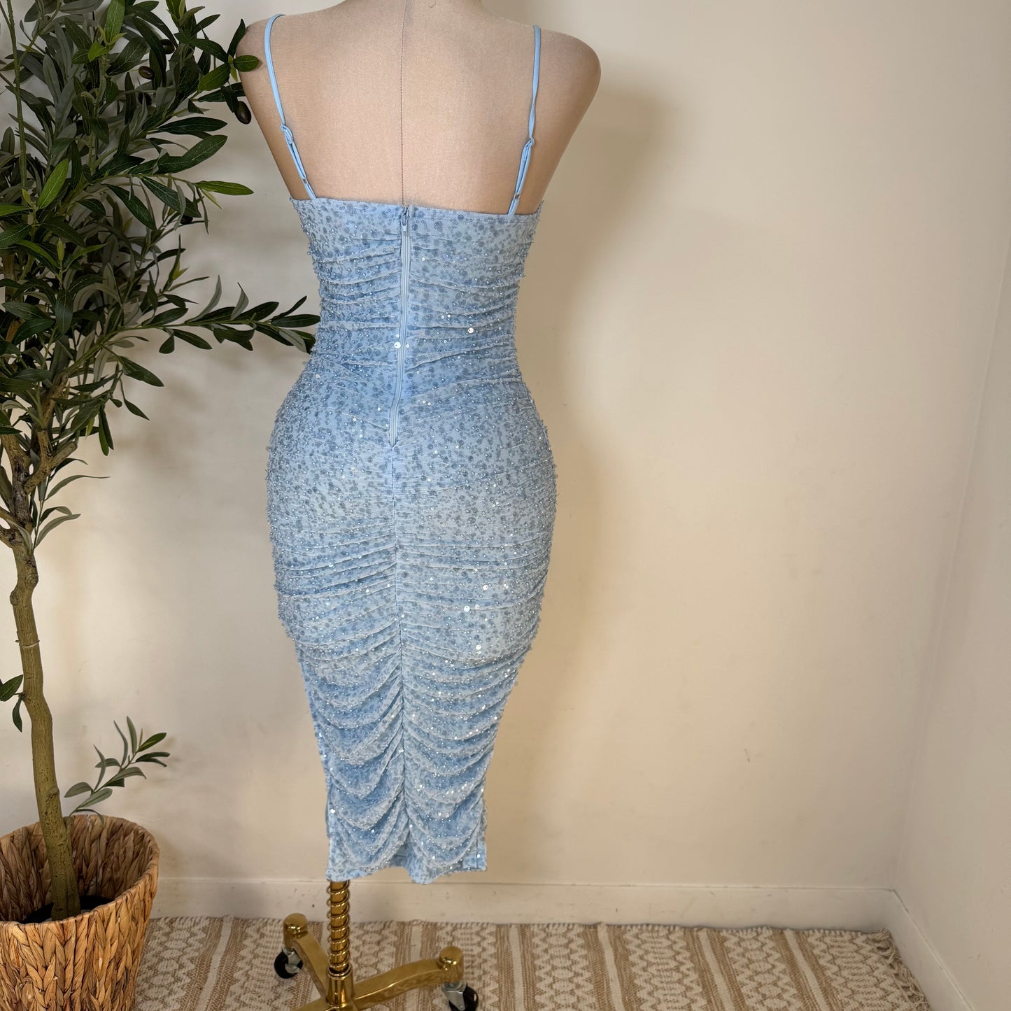 Bead and Sequin Ruched Midi dress-Blue