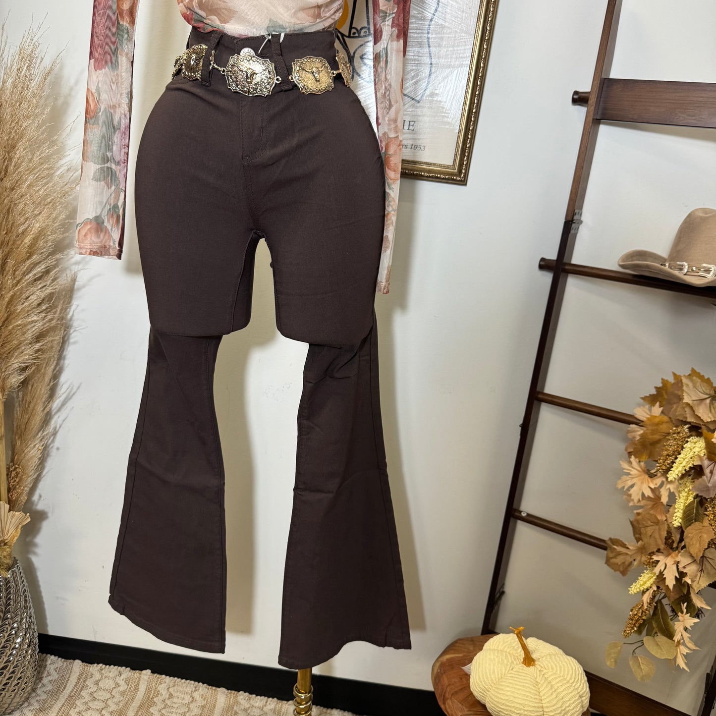 High Rise Hyper stretch Flare Jeans-Brown