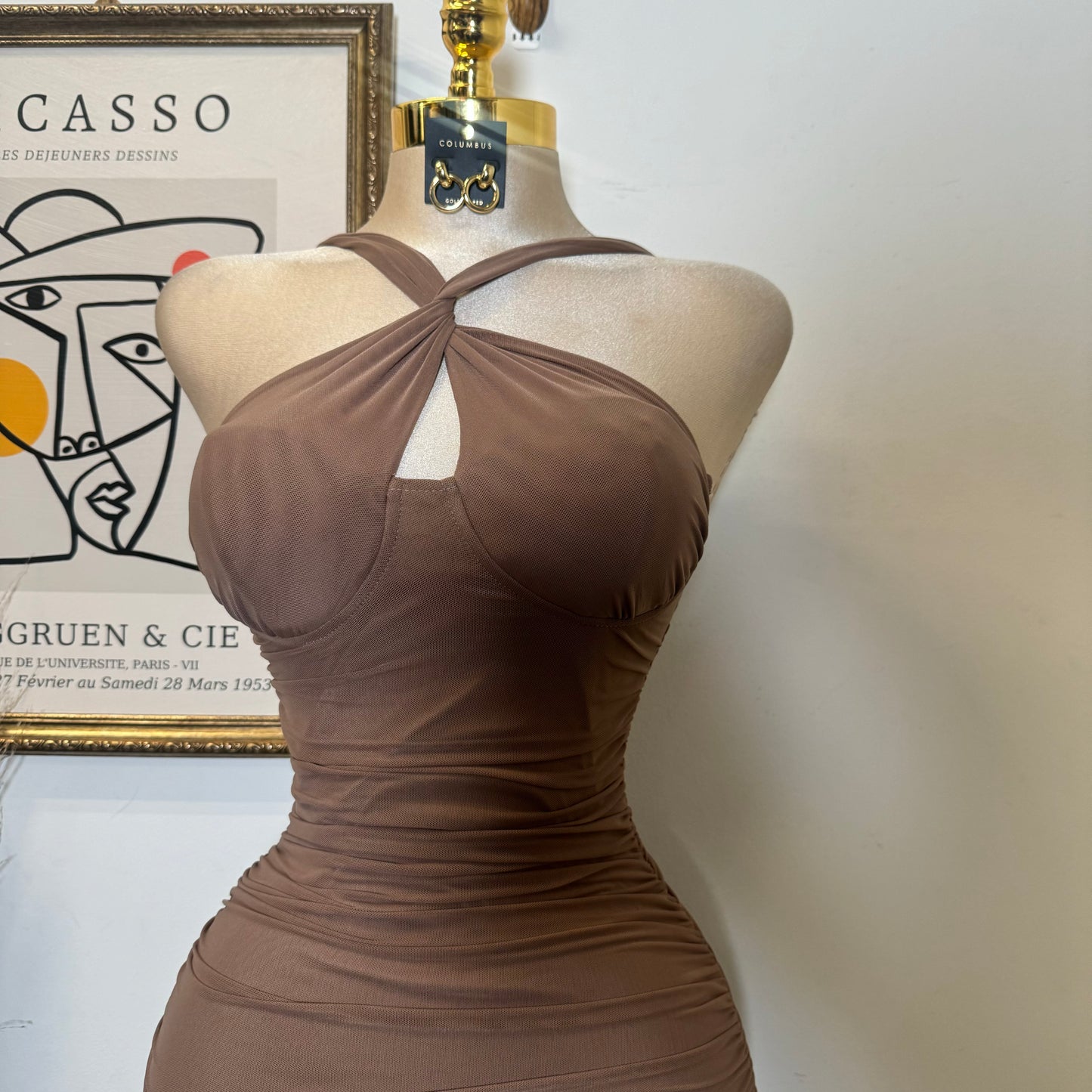 Inara Mesh Twist Halter Neck Midi Dress-Brown